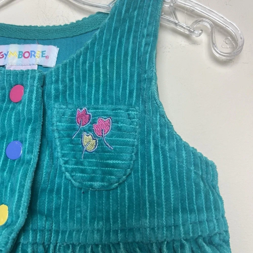 VTG Gymboree Rainbow Tag Green Corduroy Dress Snaps Pockets Flowers Infant 6-9